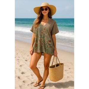Prana Saida Floral Kaftan Tunic Swim Coverup Women XL Boho Beach Resort Wear